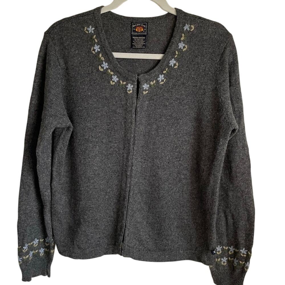 Route 66 Cardigan Sweater Sz M Floral Embroidered Wool Blend Gray Grandmacore
